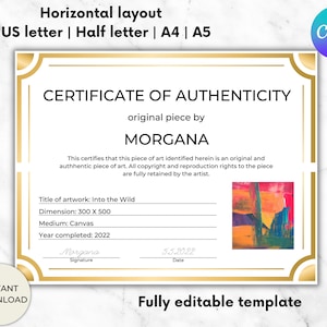 Certificate of Authenticity for Artwork, Authenticity Certificate Template, Editable Artwork Certificate, Artist Authenticity Card, Artist