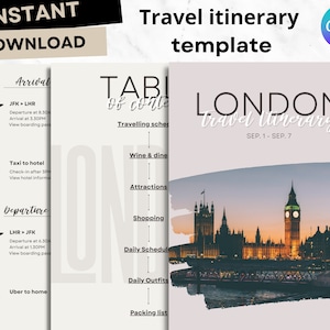 London travel itinerary template, Travel Log, Travel Guide, Travel checklist, Digital trip itinerary template, Vacation Planner