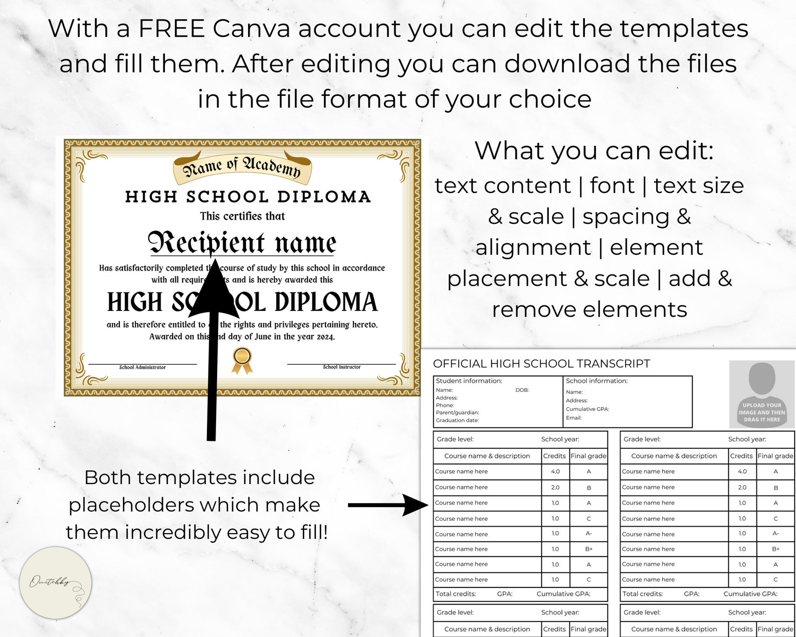 High School Diploma Template, Editable High School Transcript, GPA