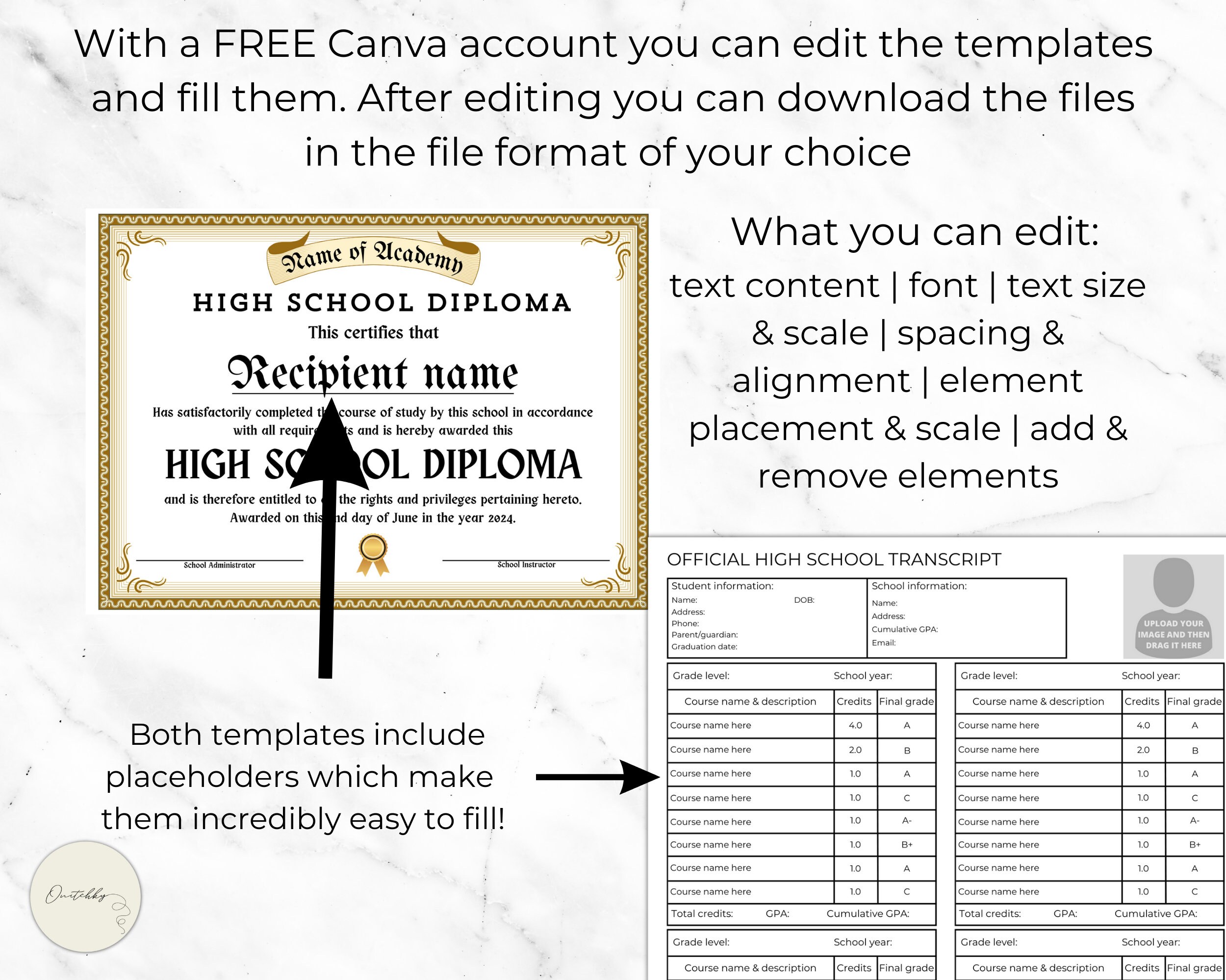 High School Diploma Template, Editable High School Transcript, GPA