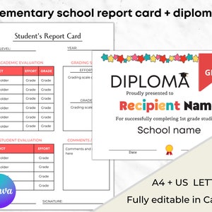Diploma de 1er grado, Diploma de escuela primaria, Boleta de calificaciones de escuela primaria editable, Certificado de graduación, Registro de educación en el hogar