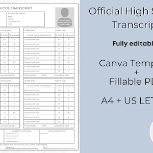 Trascrizione della scuola superiore, modello di pagella, modello modificabile di trascrizione homeschool, modello Canva di diploma, pagella scolastica stampabile