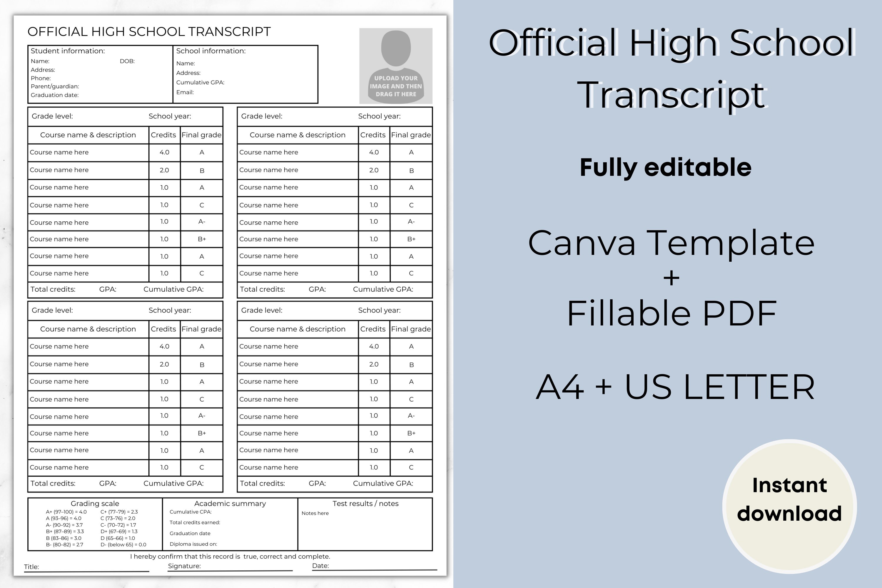 High School Transcript Report Card Template Editable Homeschool 