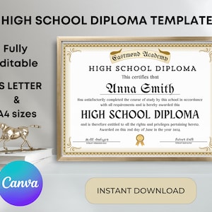High-School-Diplom-Vorlage, bearbeitbares GED-Diplom, personalisiertes High-School-Homeschool-Diplom, Abschlusszertifikat, gefälschtes Diplom