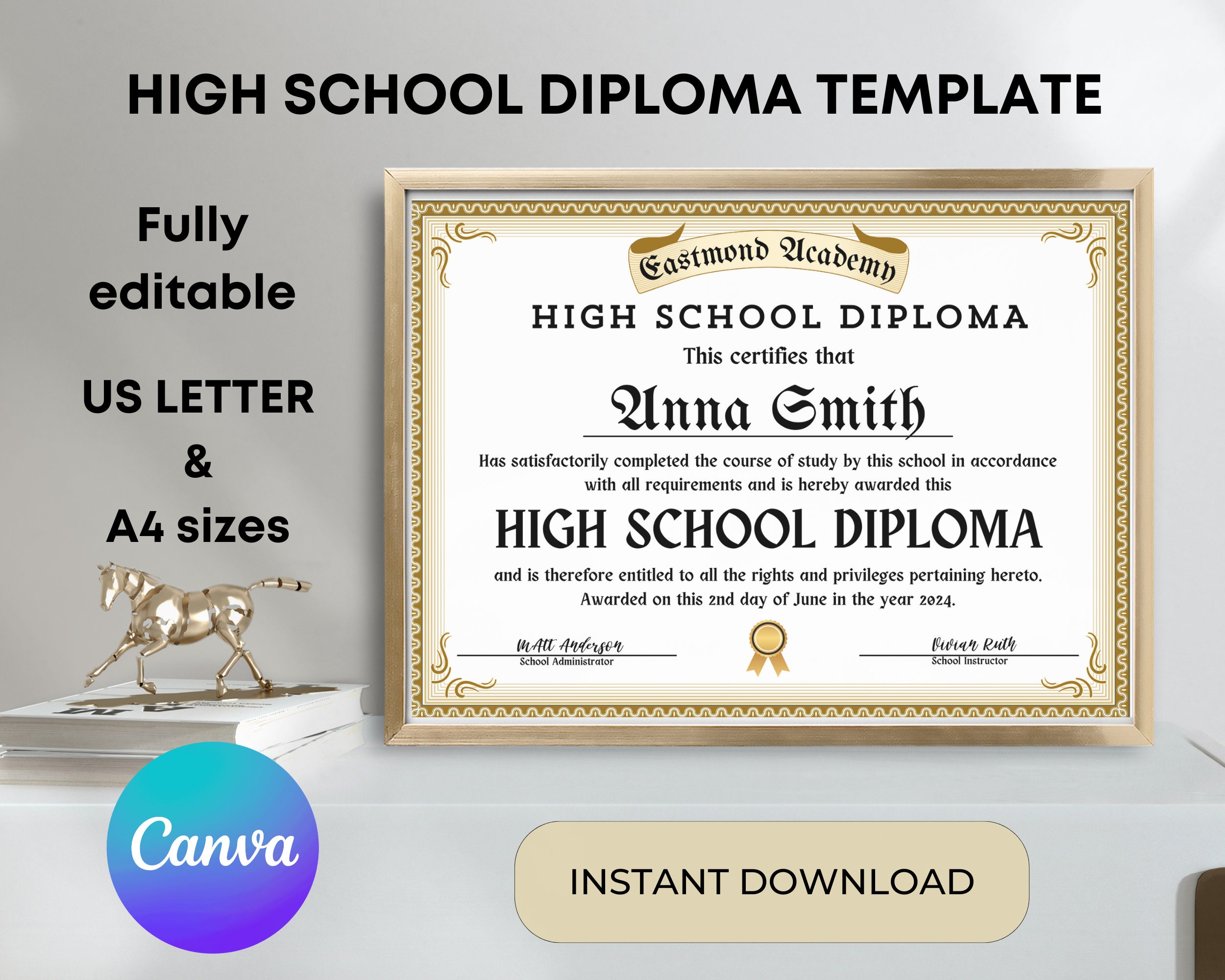 High School Diploma Template, Editable GED Diploma, Personalized High