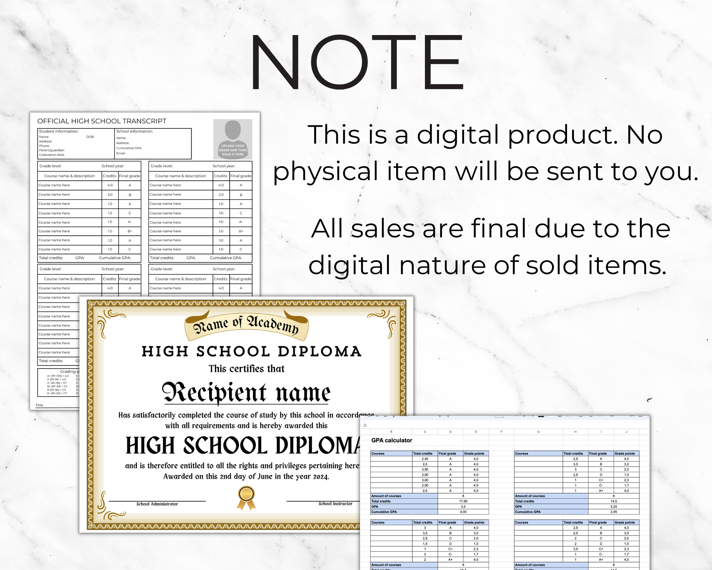 High School Diploma Template, Editable High School Transcript, GPA