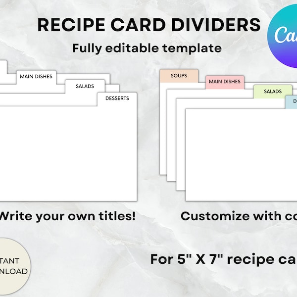 Recipe card dividers, 5X7 recipe card divider template, Recipe box dividers, 5X7 index cards, Custom index cards, Christmas recipes