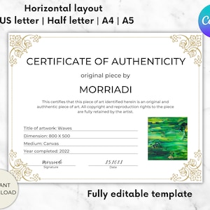Certificate of Authenticity for Artwork, Art COA Template, Authenticity certificate, Editable Artwork Certificate, Artist Authenticity Card