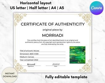 Certificat d'authenticité pour l'œuvre d'art, modèle COA d'art, certificat d'authenticité, certificat d'œuvre d'art modifiable, carte d'authenticité d'artiste