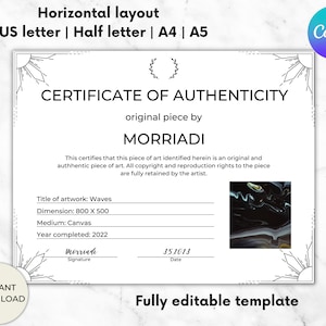 Certificate of Authenticity for Artwork, Art COA Template, Authenticity certificate, Editable Artwork Certificate, Artist Authenticity Card