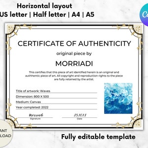 Certificate of Authenticity for Artwork, Authenticity Certificate Template, Editable Artwork Certificate, Artist Authenticity Card, Art COA