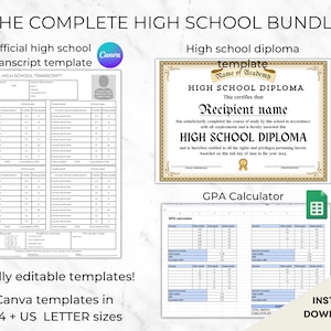 High School Diploma Template, Editable High School Transcript, GPA Calculator, Editable Homeschool Transcript, GED certificate template