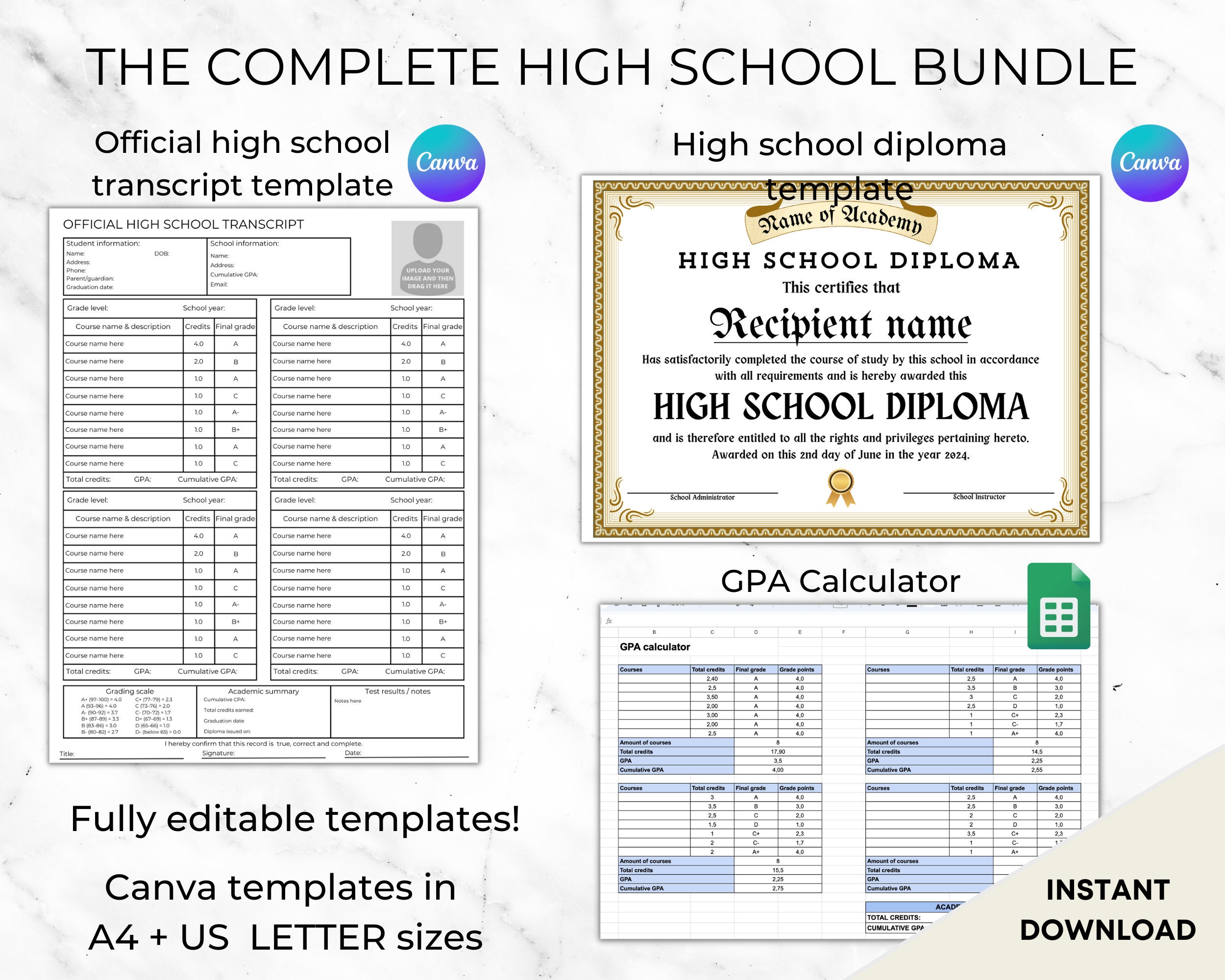 High School Diploma Template, Editable High School Transcript, GPA