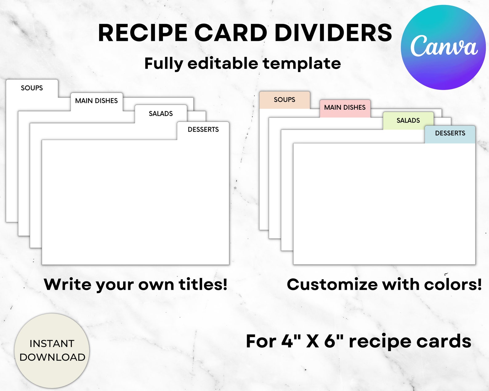 Recipe Card Dividers, 4X6 Recipe Card Divider Template, Recipe Box Dividers, 4X6 Index Cards