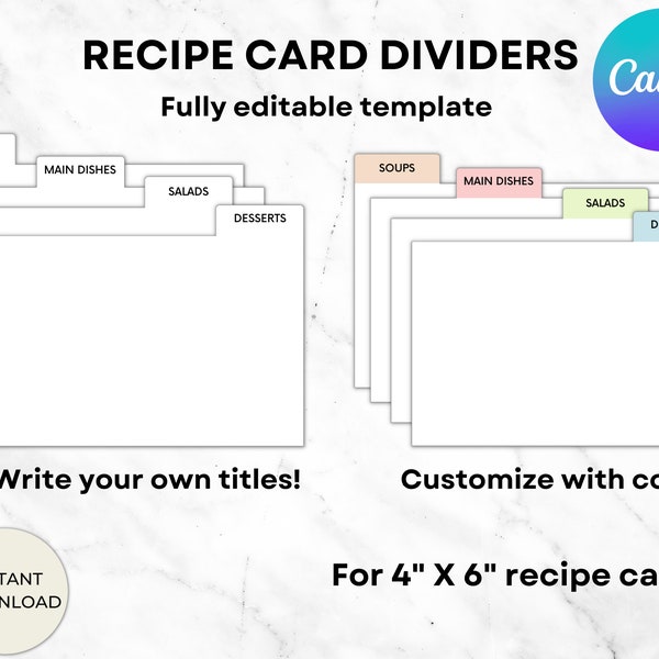 Recipe card dividers, 4X6 recipe card divider template, Recipe box dividers, 4X6 index cards, Custom index cards, Christmas recipes
