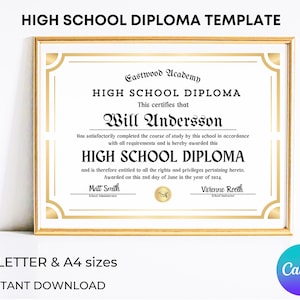 Plantilla de diploma personalizada, diploma de escuela secundaria editable, certificado de graduación, certificado de graduación, diploma de educación en el hogar personalizado