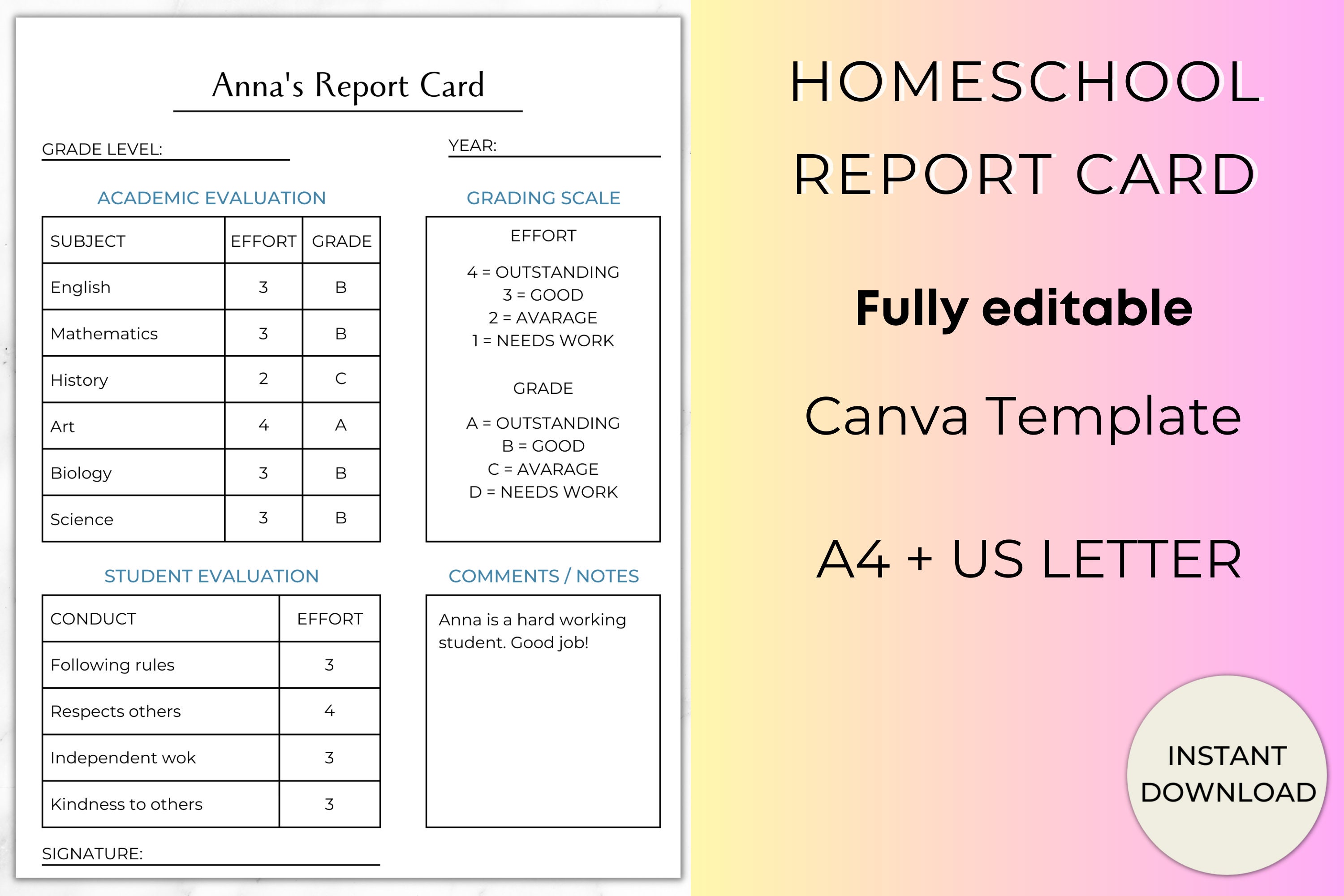 Report Card Template, Fillable Homeschool Transcript, Printable