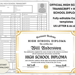 High School diploma template, Personalized diploma template, High school transcript template with custom diploma, Homeschool diploma