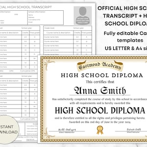 High School Diplom Vorlage, High School Transkript, Abschluss Vorlagen Bundle, bearbeitbare Homeschool Zeugnis Karte, Diplom Canva Vorlage