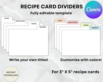 Recipe card dividers, 3X5 recipe card divider template, Recipe box dividers, 3X5 index cards, Custom index cards, Christmas recipes