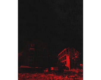 Red Neon Ruins Matte Vertical Poster | Dark Urban Landscape