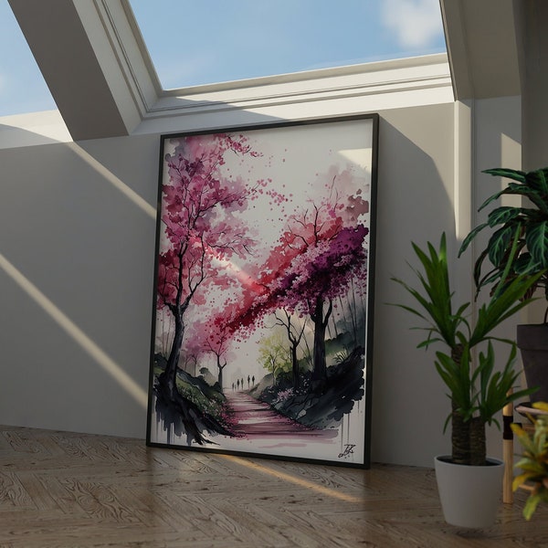 Cherry Blossom Forest | Watercolor Landscape | Poster Wallart