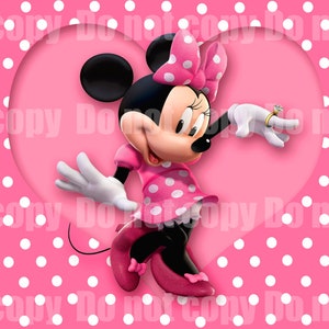 May include: A pink and white polka dot background with a heart-shaped cutout.  A cartoon image of Minnie Mouse is standing in the cutout.  She is wearing a pink dress with white polka dots, a pink bow, and white gloves.  She is holding a ring in her right hand.