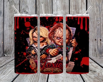 Chucky y la novia PNG, envoltura de vaso delgado y cónico de 20 oz PNG, descarga digital