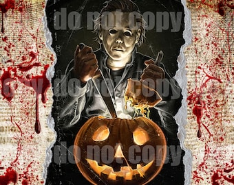 May include: A horror movie character wearing a white mask and a black jacket is holding a knife and carving a jack-o'-lantern. The background is a torn piece of paper with blood splatters.