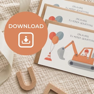 Invitation à une fête à télécharger | Invitation anniversaire excavatrice au format A6 | Fichier numérique | Télécharger | Fête d'anniversaire sur un chantier pour enfants