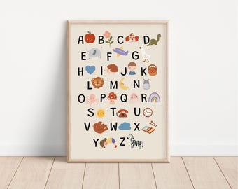Affiche ABC illustrée pour enfants, affiche d'apprentissage de l'alphabet pour chambre d'enfant, décoration murale lettres, alphabet illustré, affiche murale ABC colorée