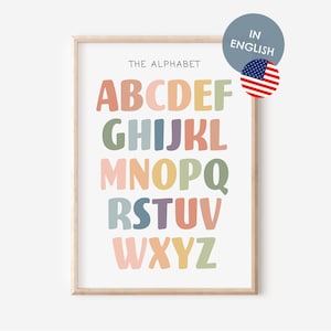Póster educativo del alfabeto en inglés en tamaño A4 y A3 para la habitación de los niños | Carteles del ABC | Impresión de decoración de pared educativa Montessori para educación en el hogar