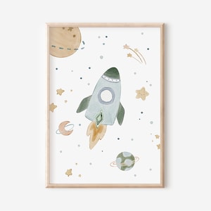 Póster cohete habitación infantil en A4 y A3, decoración de pared niños niñas, impresión regalo.