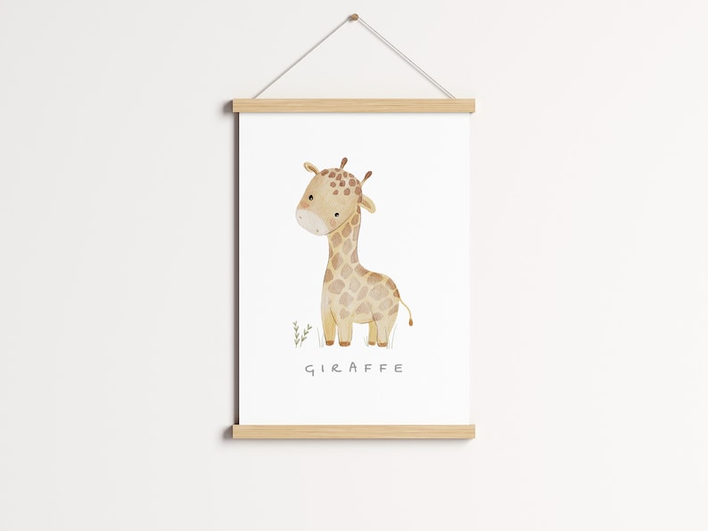 May include: A watercolour illustration of a giraffe with brown spots on a white background. The giraffe is standing on a patch of green grass. The word "GIRAFFE" is written in brown text below the giraffe.