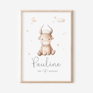 Segno zodiacale Toro con nome I Regalo per la nascita I Segno zodiacale personalizzato I Quadro per la cameretta dei bambini | Ragazzo I Ragazza | Decorazione murale