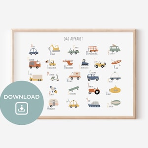 Fahrzeuge ABC Poster Querformat für Kinderzimmer Digital Download  | Junge | Mädchen | Wanddekoration | Geschenk