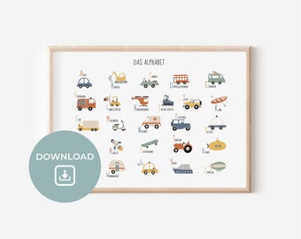 Vehicles ABC Poster Landscape Format for Children's Room Digital Download | Boy | Girl | Wall Decoration | Gift