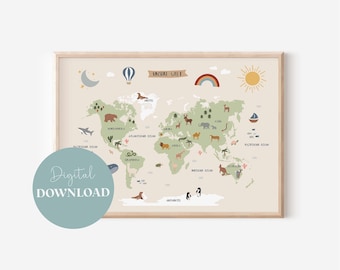World map for the children's room digital download | Boys | Girls | Wall decoration | Gift