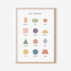 Poster Montessori forme geometriche | Colori pastello | Scuola materna in A4 e A3 per ragazzi | ragazza, decorazione da parete, regalo | Pressione