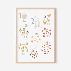 Póster de números de granja en A3 y A4 | Decoración infantil | Regalo | Niña | Niño | Impresión | Póster | Póster para habitación de bebé