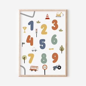 Affiches avec chiffres et véhicules pour chambre d'enfant en A4, A3 et A2 | Garçon | Fille | Décoration murale | Cadeau | Impression