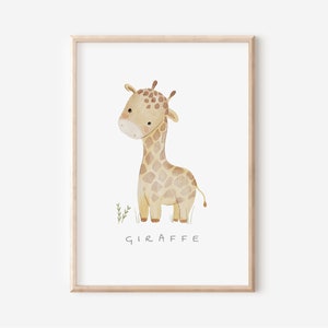 May include: A watercolour illustration of a giraffe with brown spots on a white background. The giraffe is standing on a patch of green grass. The word "GIRAFFE" is written below the giraffe.