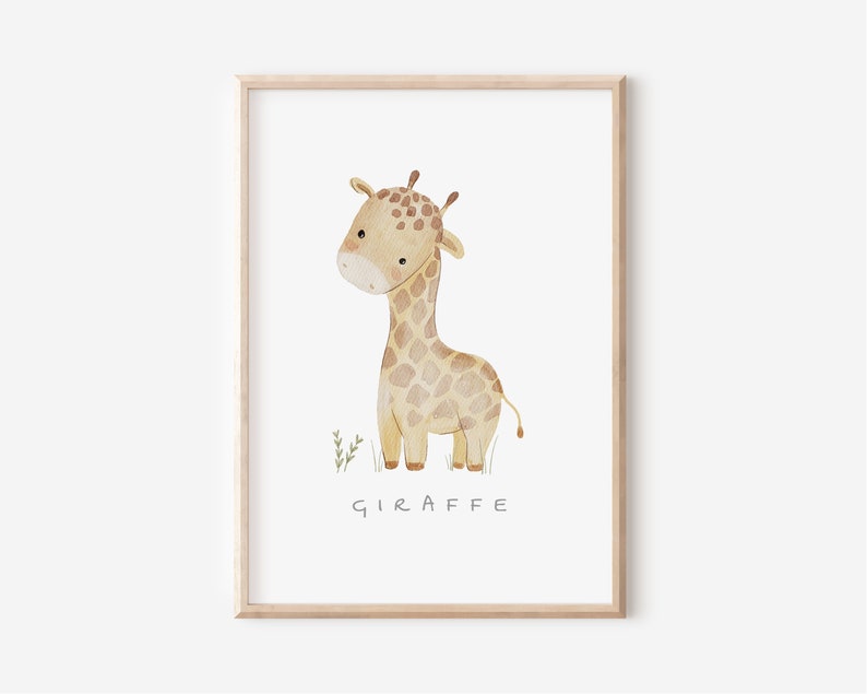 May include: A watercolour illustration of a giraffe with brown spots on a white background. The giraffe is standing on a patch of green grass. The word "GIRAFFE" is written below the giraffe.
