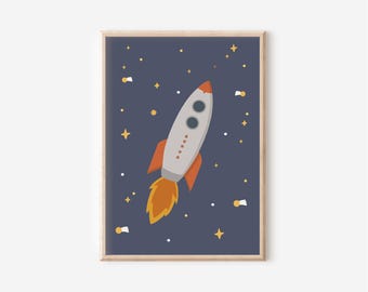 Cartaz de foguete em A4 e A3 para quarto infantil | Cartaz do espaço | Espaço | Cartazes para quartos infantis | Decoração de parede | Presente | Pressão