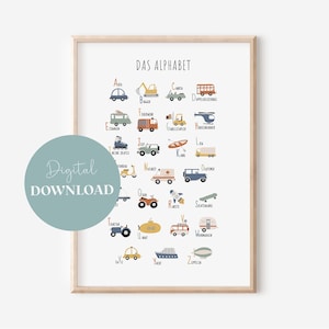 Fahrzeuge ABC Poster für Kinderzimmer Digital Download  | Junge | Mädchen | Wanddekoration | Geschenk