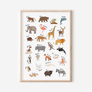 Alphabet des animaux pour enfants | Image de l'alphabet | Apprendre l'ABC | Affiches d'animaux | Affiches pour chambre d'enfant | Éducation Montessori | Cadeau | Pression
