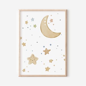 Affiche Lune et Etoiles Chambre Bébé en A4 et A3, Décoration Murale Garçons Filles, Impression Cadeau