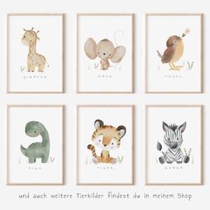 May include: Six watercolour illustrations of animals, each in a separate frame. The animals are a giraffe, mouse, bird, dinosaur, tiger, and zebra. Each illustration has the name of the animal written below it in German.