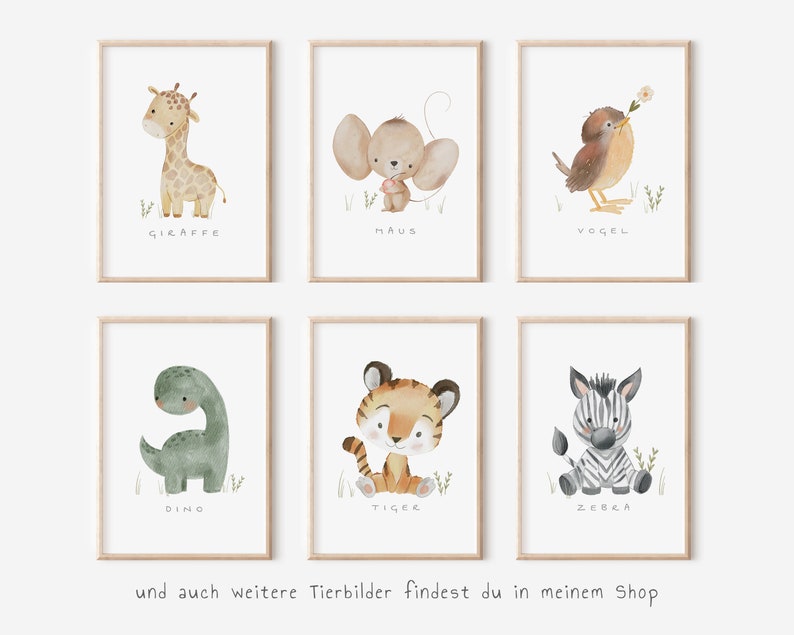 May include: Six watercolour illustrations of animals, each in a separate frame. The animals are a giraffe, mouse, bird, dinosaur, tiger, and zebra. Each illustration has the name of the animal written below it in German.