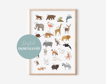 Animal Alphabet Kids Digital Download | Alphabet Picture | Learn ABC | Animal Poster | Nursery Poster | Wall Decoration | Gift